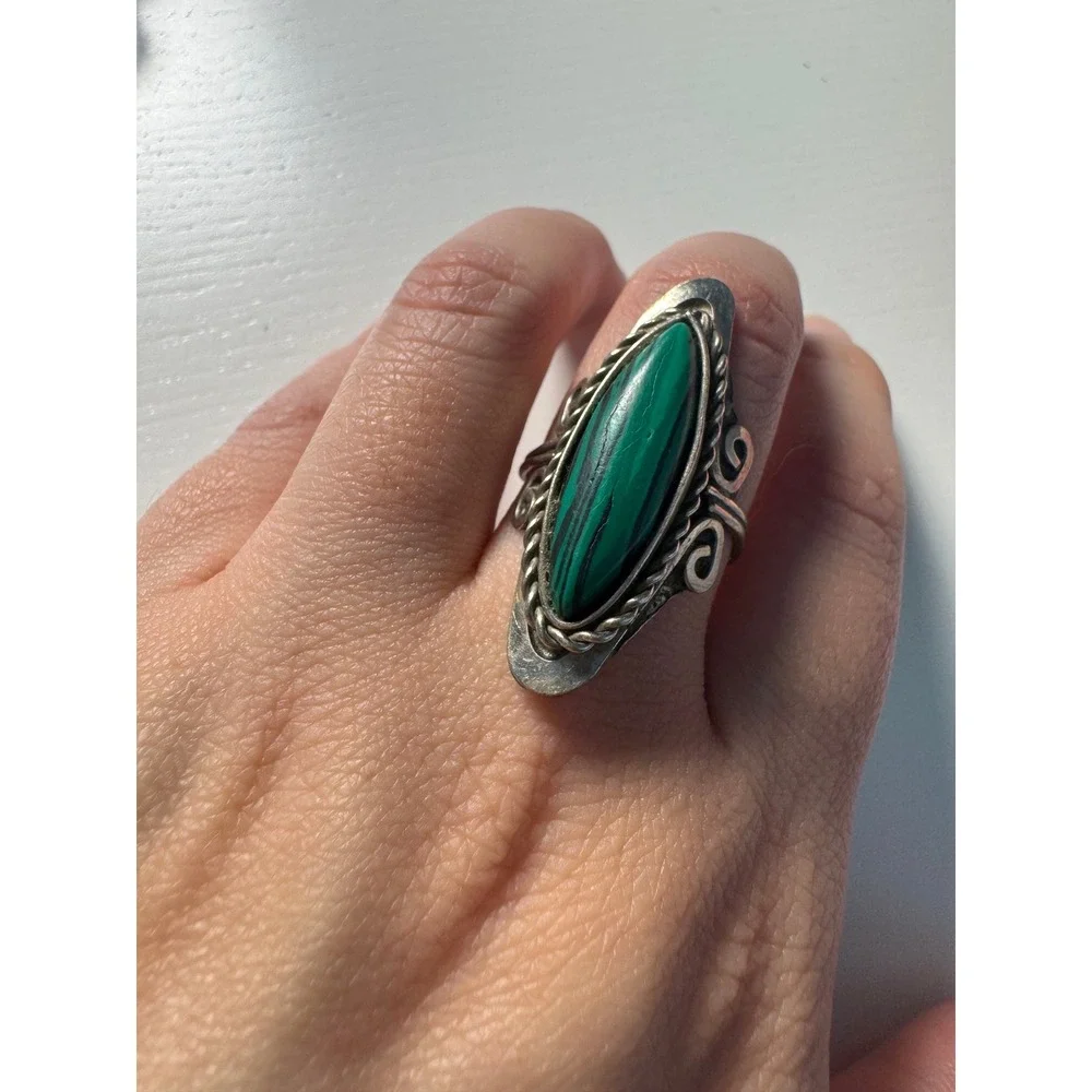 Vtg Silver Tone Malachite Style Ring Marquise Adjustable Southwestern Whimsigoth